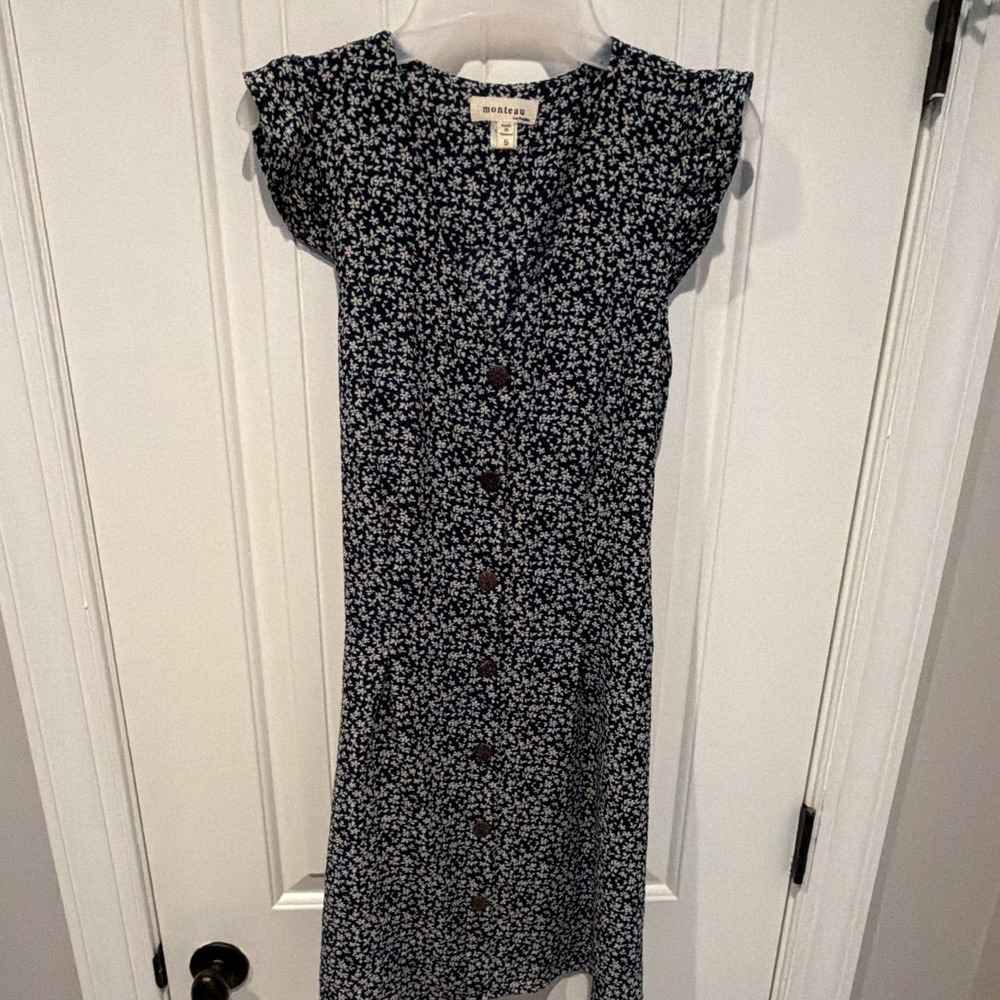 Monteau Blue/White Floral Button Front Midi Shirt Dress V-Neck Size S